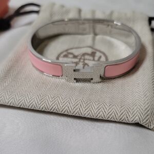 Hermes Pink Enamel H Clic Bracelet with Silver Hardware